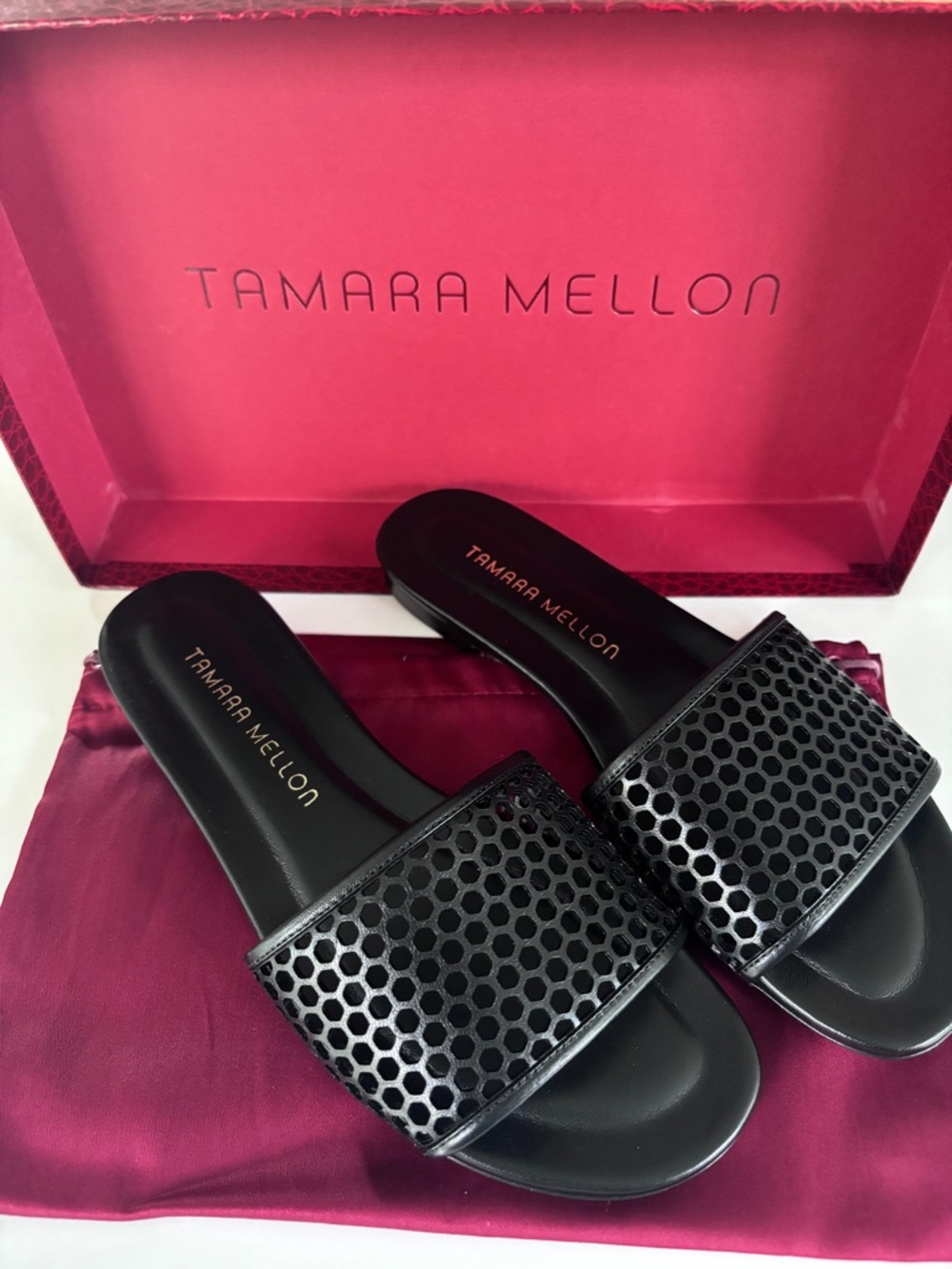 Tamara Mellon Glide Black Perforated Slide Sandals size 36.5 / 6.5